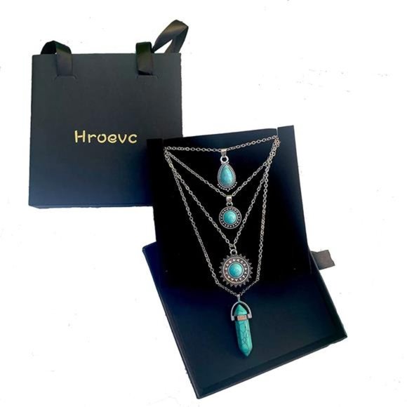 4 PCS Silver Turquoise Layered Necklaces for Women Girls - Picture 5 of 6